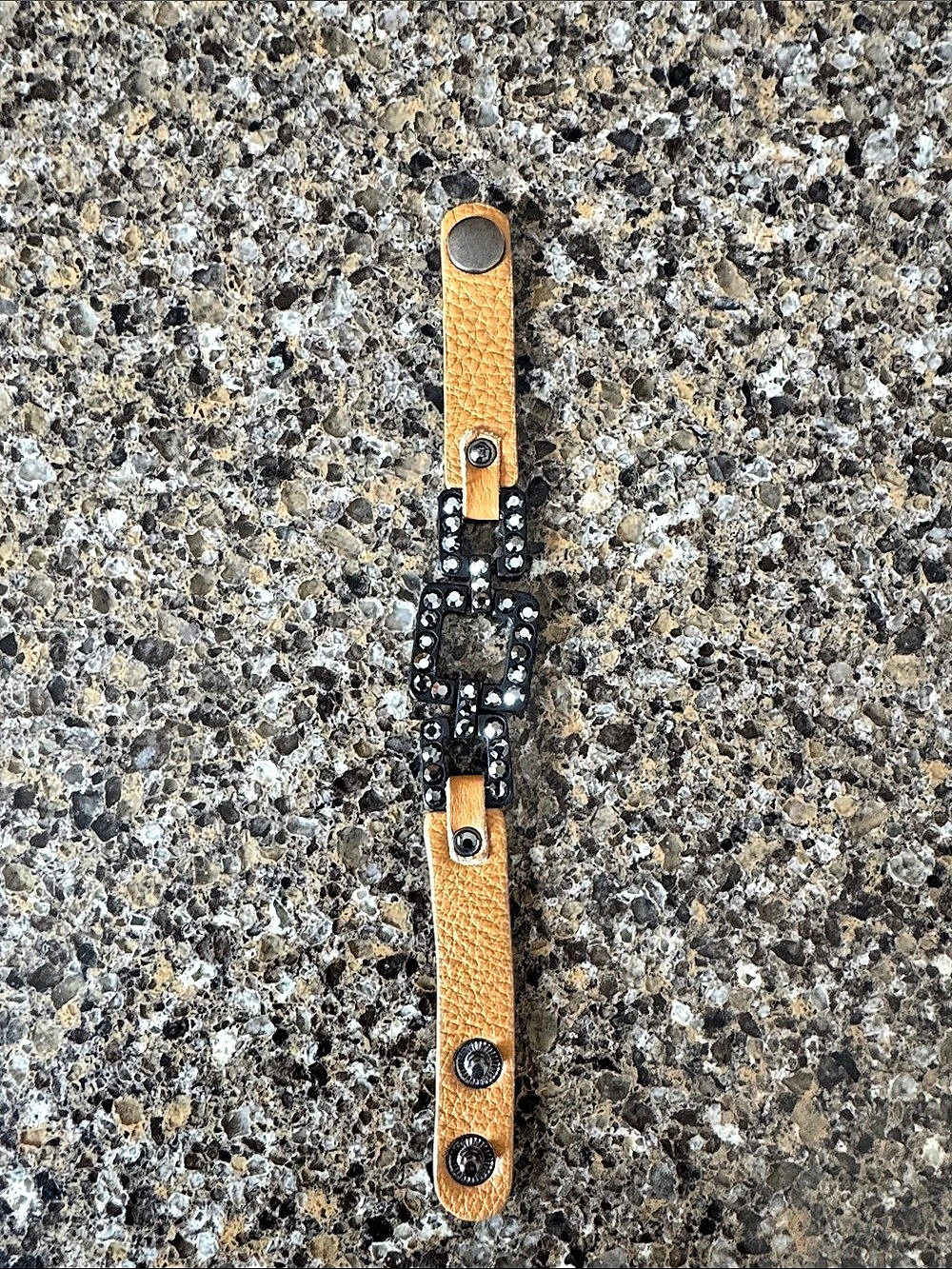 Brown Leather & Black Rhinestones Studded Bracelet